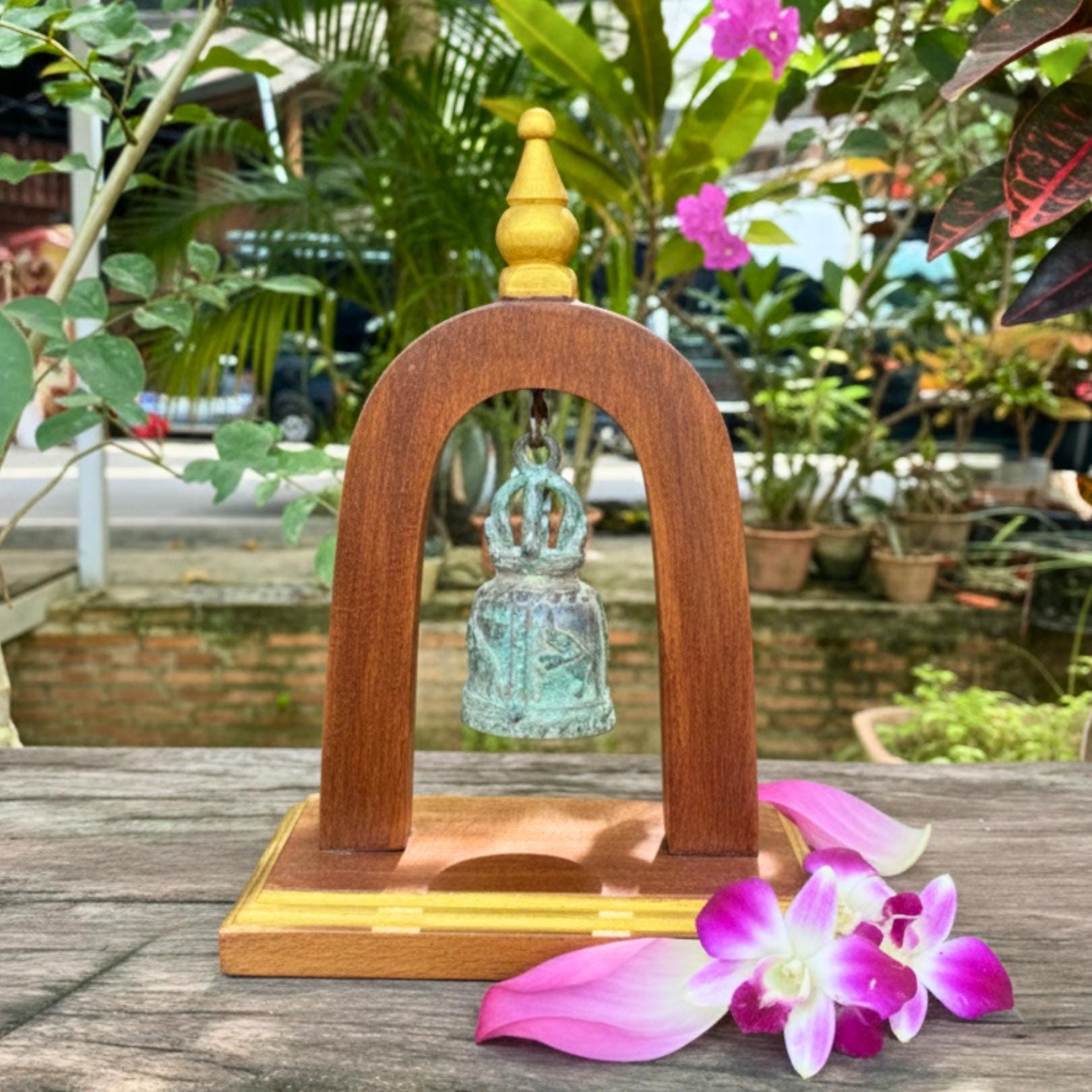 Handcrafted Wood Arch Bell Stand: Aged Brass Temple Bell Rustic Accent