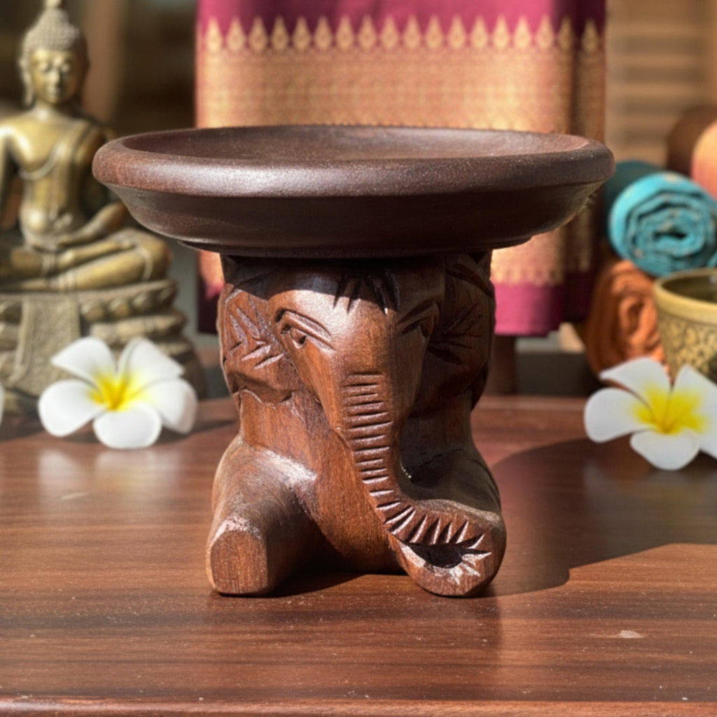 Hand Carved Elephant Pedestal Dish: Wood Soap Holder Spa Accessory
