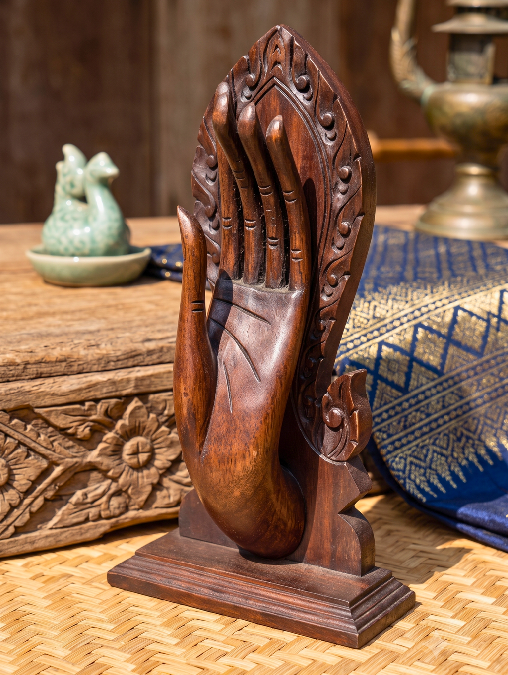 Teak Wood Mudra Hand, 15 Inch Sacred Gesture Sculpture, Housewarming Gift for Yoga Lover