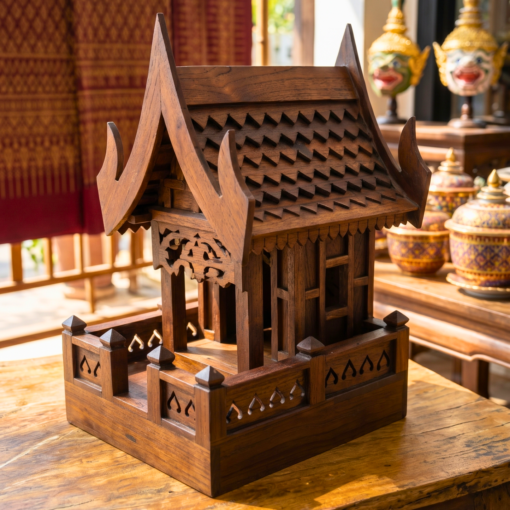 Teak Wood Spirit House, 19 Inch Grand Architectural Model, Authentic Zen Home Sanctuary