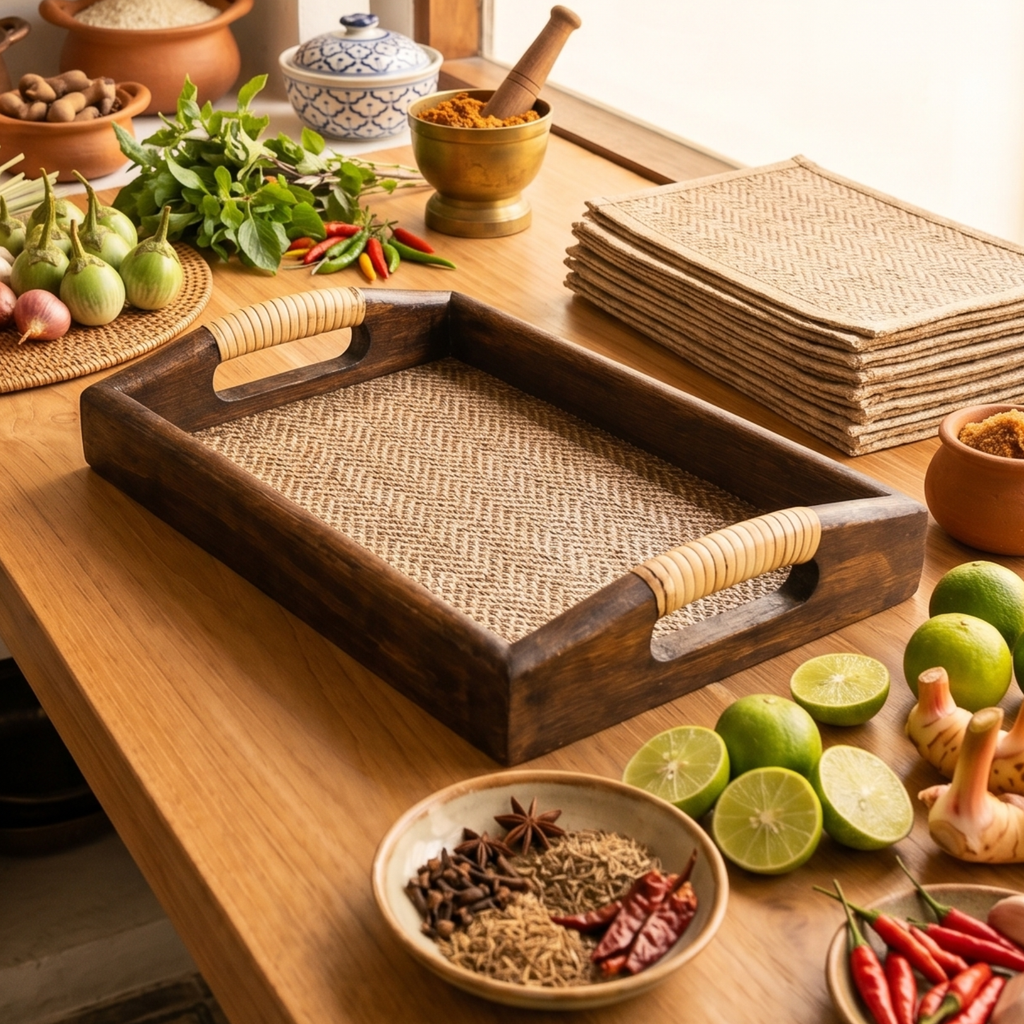 Acacia Wood Serving Tray, 11 Inch Rattan Coffee Platter, Organic Modern Wedding Gift