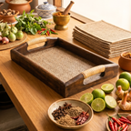 Acacia Wood Serving Tray, 11 Inch Rattan Coffee Platter, Organic Modern Wedding Gift - Siam Wood Artisans