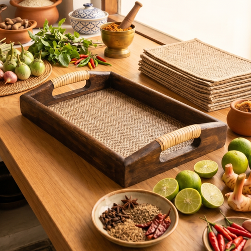 Acacia Wood Serving Tray, 11 Inch Rattan Coffee Platter, Organic Modern Wedding Gift