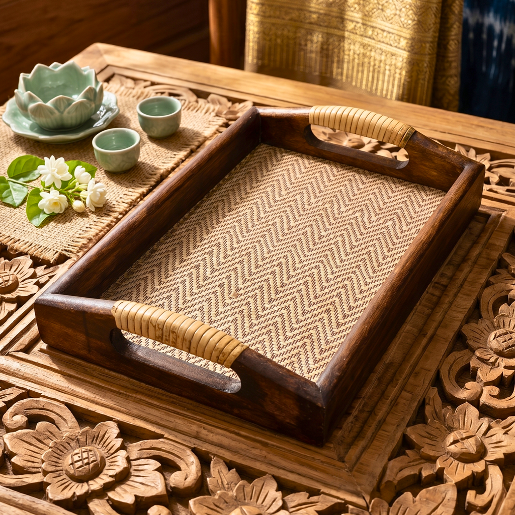 Acacia Wood Serving Tray, 11 Inch Rattan Coffee Platter, Organic Modern Wedding Gift