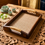 Acacia Wood Serving Tray, 11 Inch Rattan Coffee Platter, Organic Modern Wedding Gift - Siam Wood Artisans