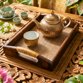 Acacia Wood Serving Tray, 11 Inch Rattan Coffee Platter, Organic Modern Wedding Gift