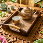Acacia Wood Serving Tray, 11 Inch Rattan Coffee Platter, Organic Modern Wedding Gift - Siam Wood Artisans