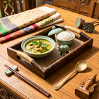 Acacia Wood Serving Tray, 11 Inch Rattan Coffee Platter, Organic Modern Wedding Gift - Siam Wood Artisans