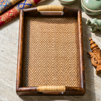 Acacia Wood Serving Tray, 11 Inch Rattan Coffee Platter, Organic Modern Wedding Gift - Siam Wood Artisans
