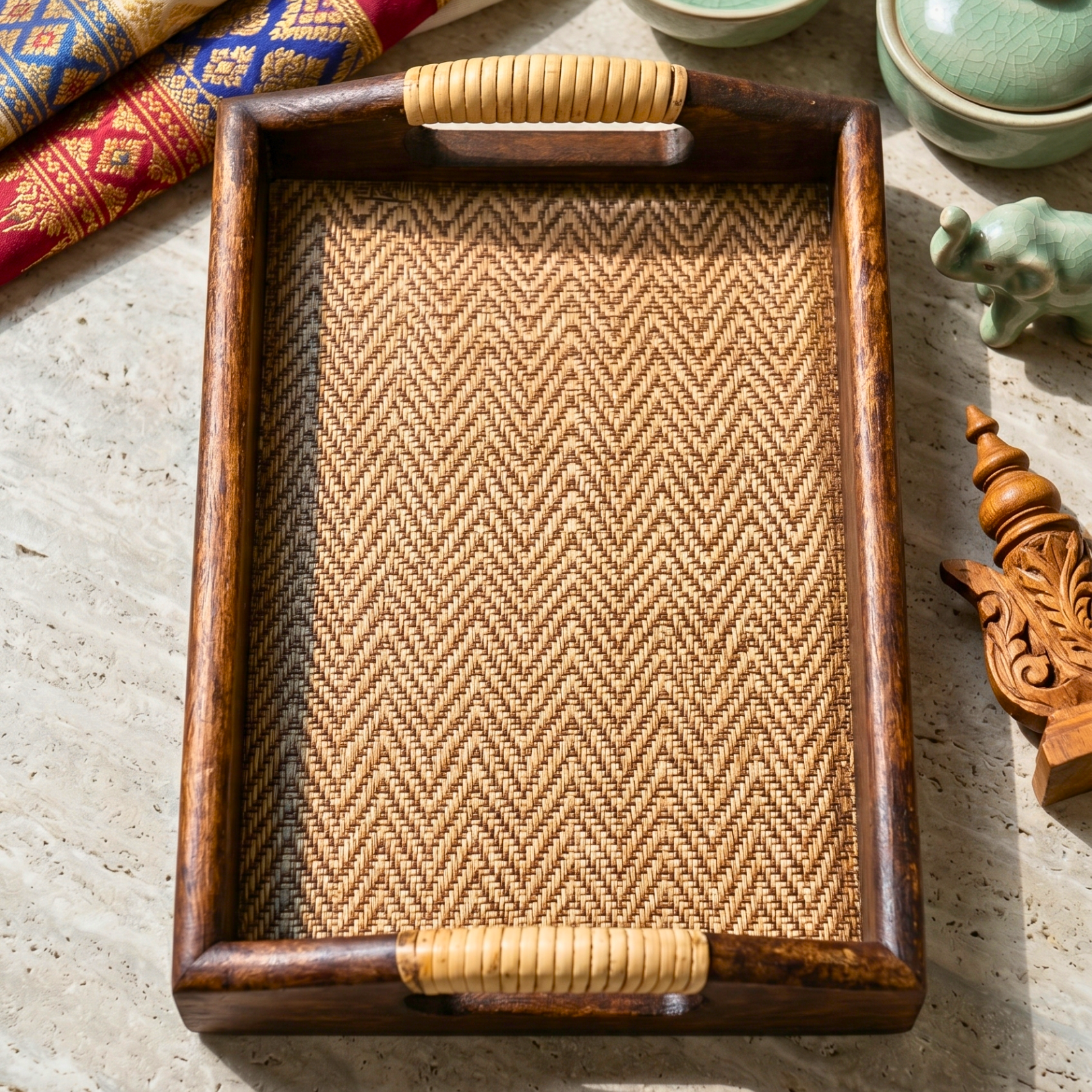 Acacia Wood Serving Tray, 11 Inch Rattan Coffee Platter, Organic Modern Wedding Gift