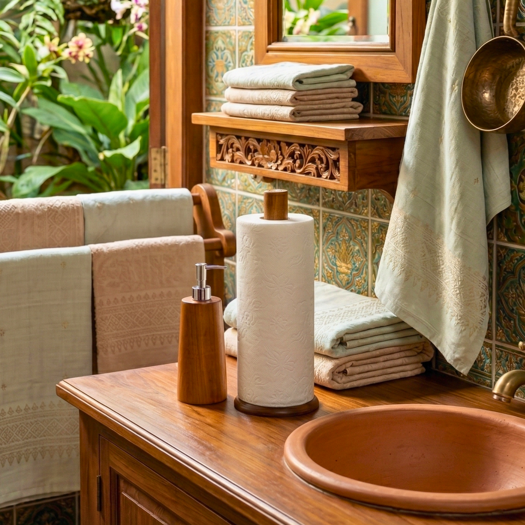Paper Towel Holder and Soap Dispenser: Handmade Acacia Wood Kitchen & Bath Essentials Set - Siam Wood Artisans