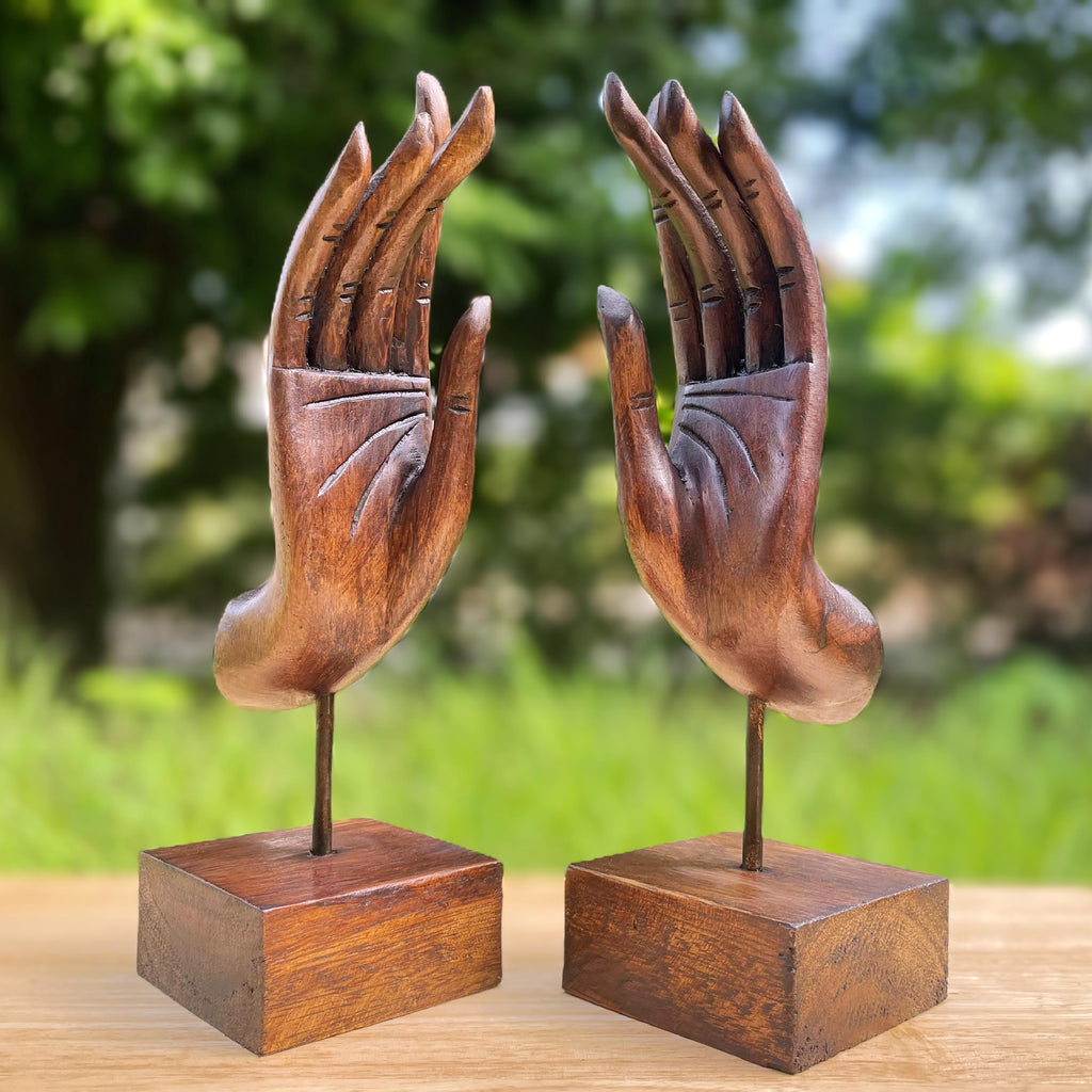 Hand Carved Wood Mudra Sculpture Set of 2: Abhaya Inspired Thai Decor