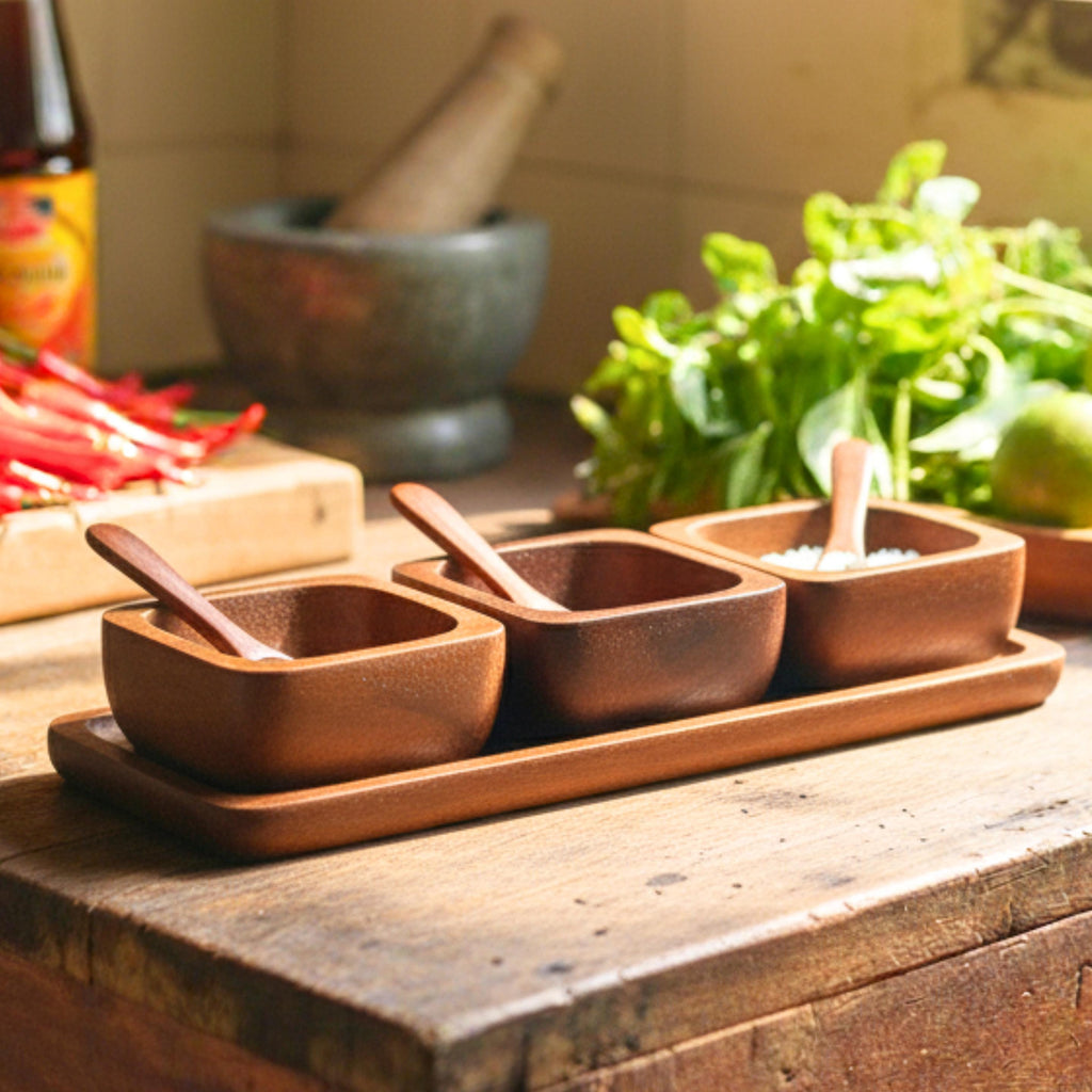 Hand Carved Wood Condiment Set of 3: Thai Tableware Serving Dishes