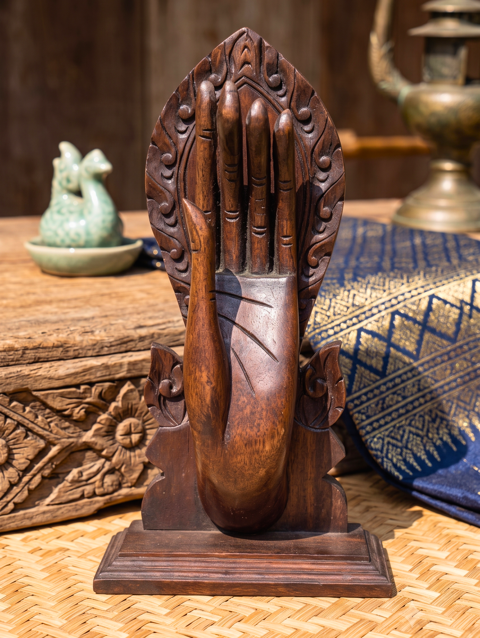 Teak Wood Mudra Hand, 15 Inch Sacred Gesture Sculpture, Housewarming Gift for Yoga Lover