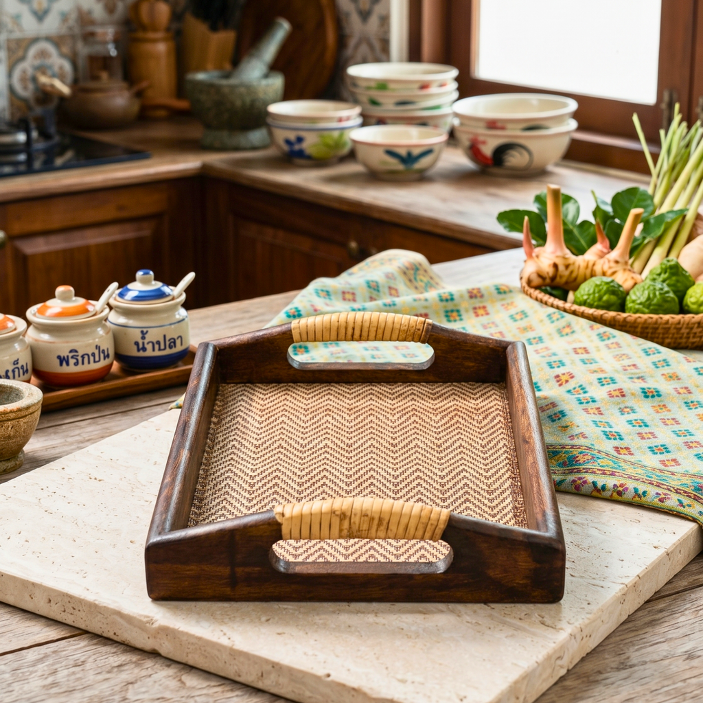 Acacia Wood Serving Tray, 11 Inch Rattan Coffee Platter, Organic Modern Wedding Gift