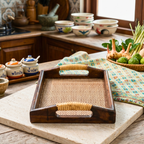 Acacia Wood Serving Tray, 11 Inch Rattan Coffee Platter, Organic Modern Wedding Gift - Siam Wood Artisans