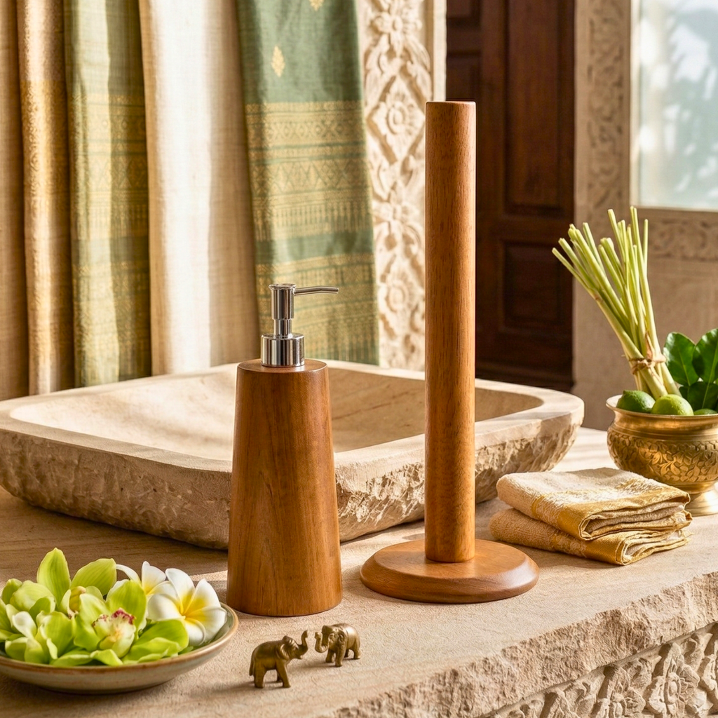 Paper Towel Holder and Soap Dispenser: Handmade Acacia Wood Kitchen & Bath Essentials Set - Siam Wood Artisans