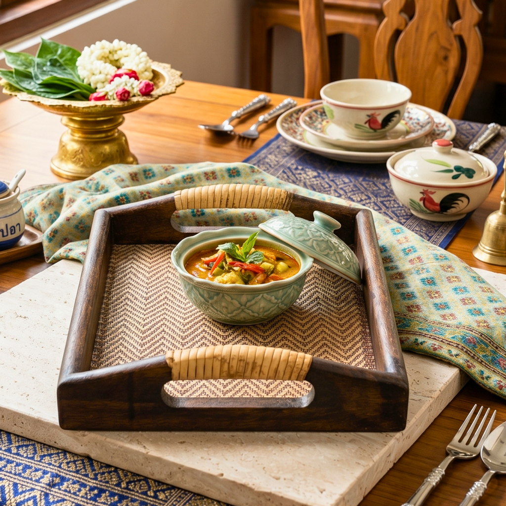 Acacia Wood Serving Tray, 11 Inch Rattan Coffee Platter, Organic Modern Wedding Gift