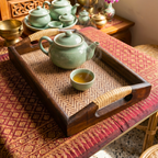 Acacia Wood Serving Tray, 11 Inch Rattan Coffee Platter, Organic Modern Wedding Gift - Siam Wood Artisans