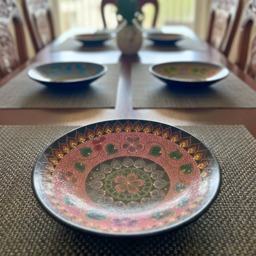 Hand Painted Serving Plate Set of 4: Vibrant Mandala Boho Tableware