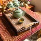 Acacia Wood Serving Tray, 11 Inch Rattan Coffee Platter, Organic Modern Wedding Gift - Siam Wood Artisans