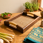 Acacia Wood Serving Tray, 11 Inch Rattan Coffee Platter, Organic Modern Wedding Gift - Siam Wood Artisans