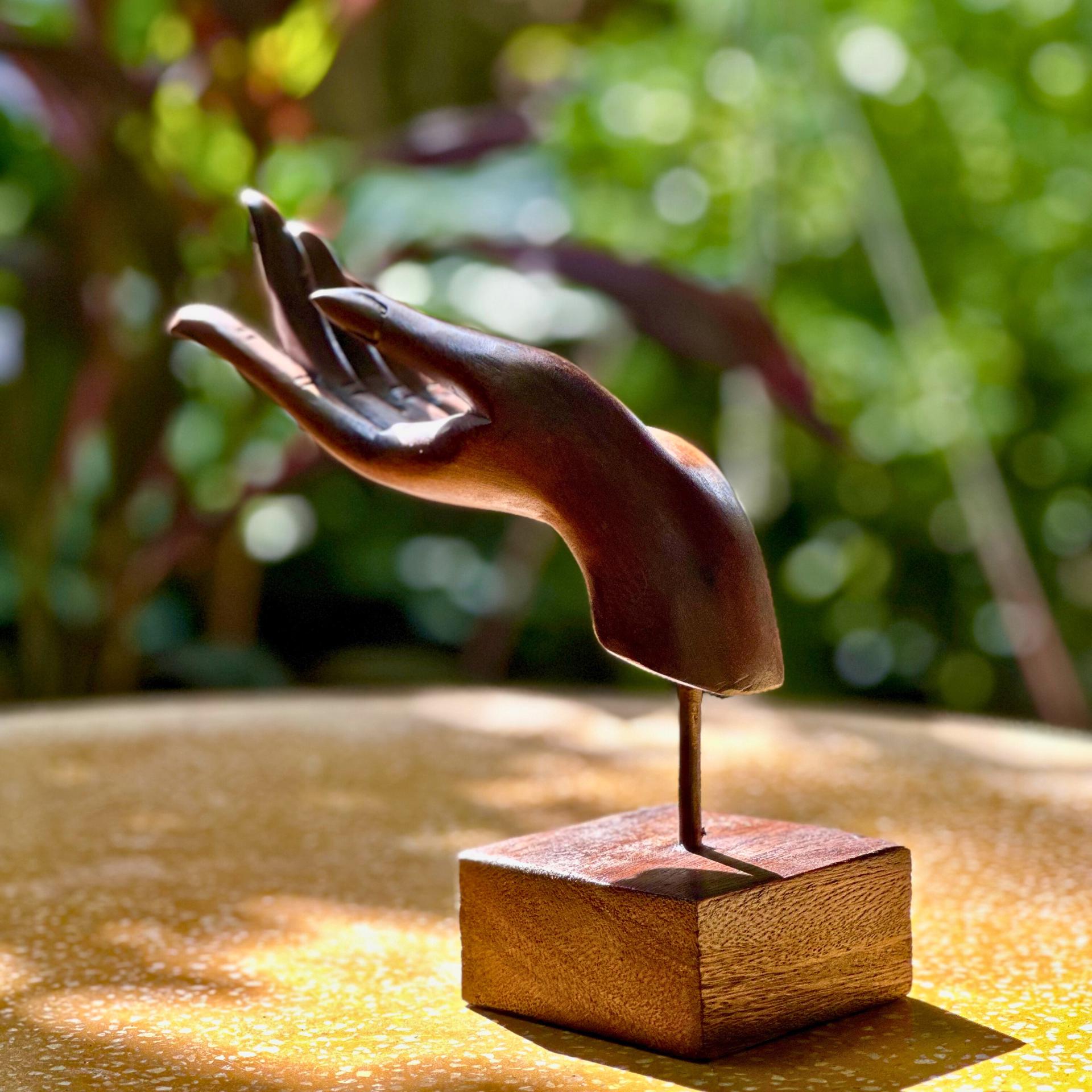 Vintage Hand Carved Acacia Wood Hand Mudra Sculpture: Thai Artisan Decor