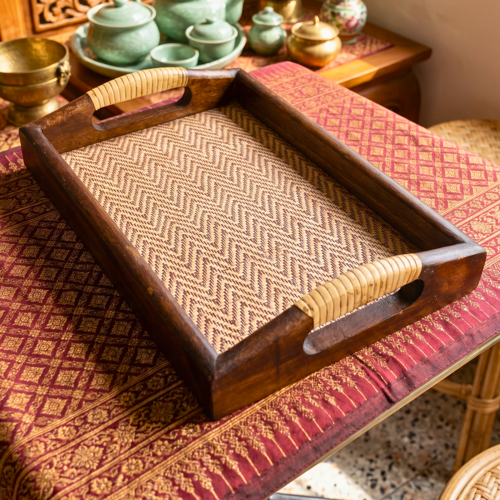 A rectangular wooden serving tray with a woven beige and brown herringbone-patterned mat and light tan woven handles, shown on a red patterned textile in a styled indoor setting.