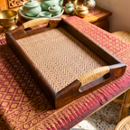 Acacia Wood Serving Tray, 11 Inch Rattan Coffee Platter, Organic Modern Wedding Gift - Siam Wood Artisans