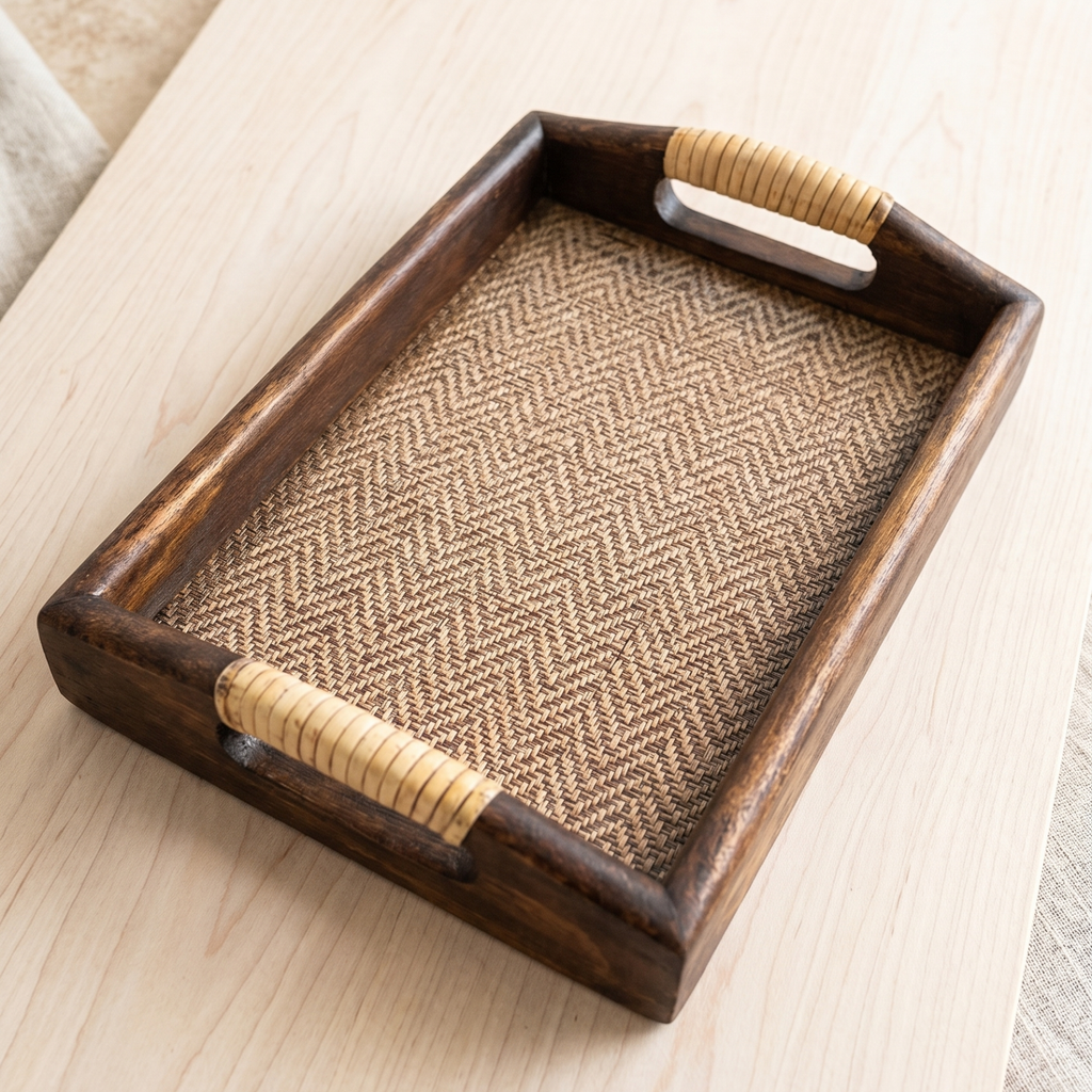 Acacia Wood Serving Tray, 11 Inch Rattan Coffee Platter, Organic Modern Wedding Gift