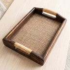 Acacia Wood Serving Tray, 11 Inch Rattan Coffee Platter, Organic Modern Wedding Gift - Siam Wood Artisans