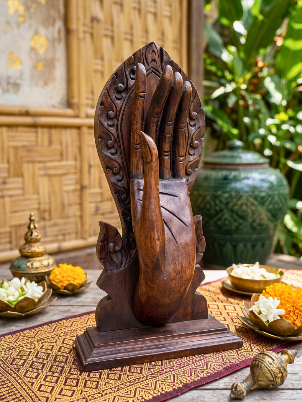 Teak Wood Mudra Hand, 15 Inch Sacred Gesture Sculpture, Housewarming Gift for Yoga Lover