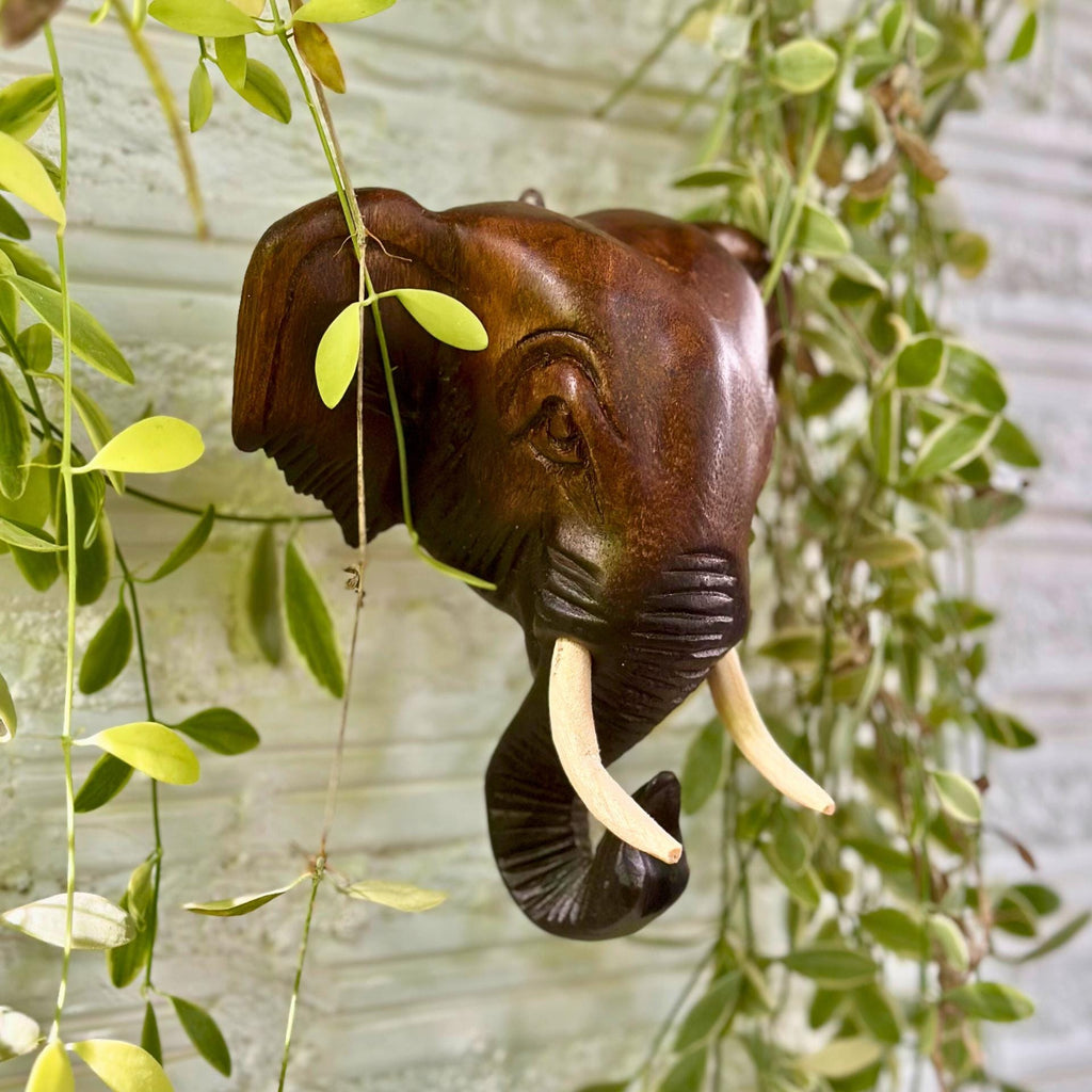 Hand-Carved Wooden Elephant Head Wall Hanging: Rustic Tribal Decor