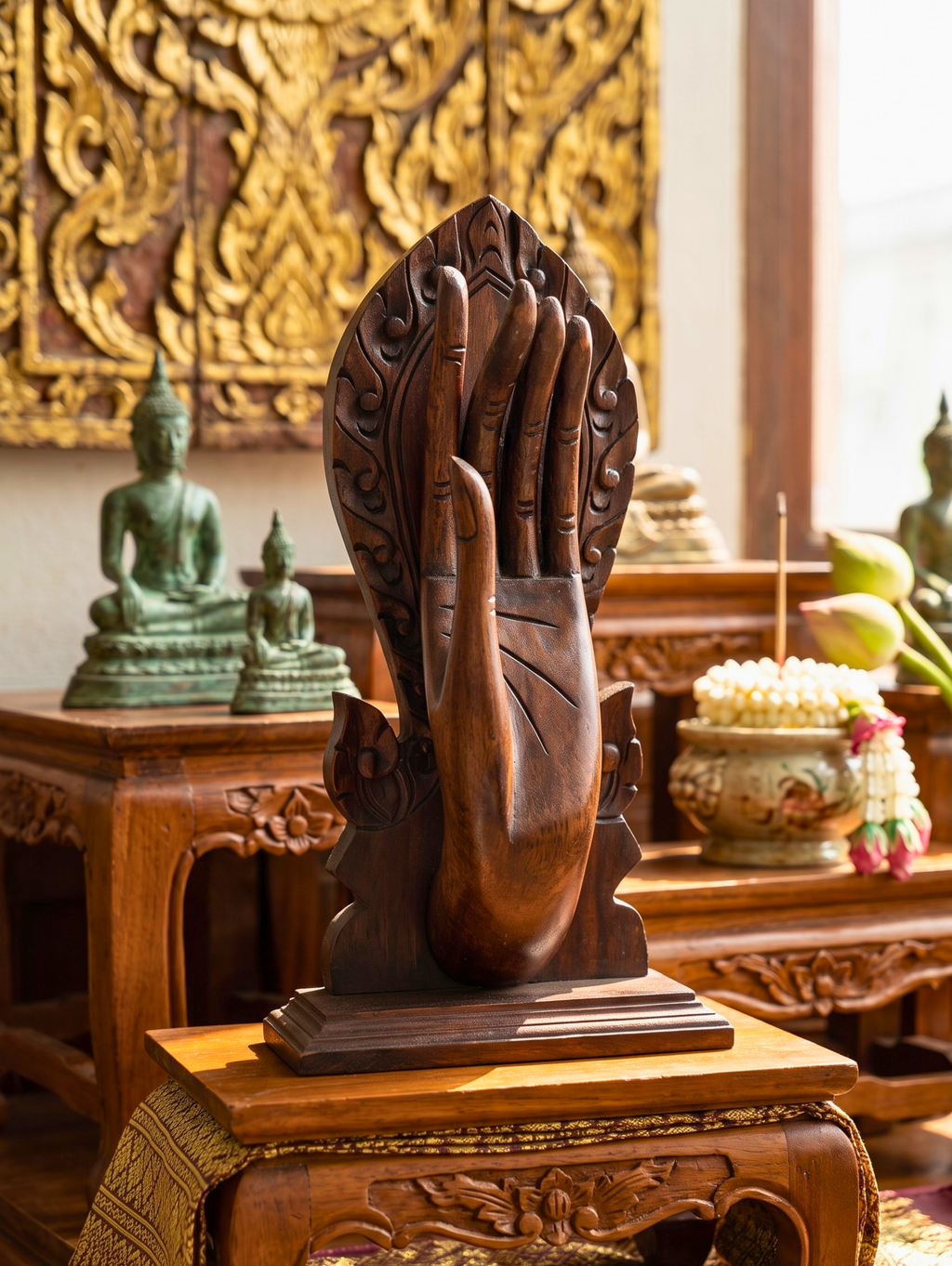 Teak Wood Mudra Hand, 15 Inch Sacred Gesture Sculpture, Housewarming Gift for Yoga Lover