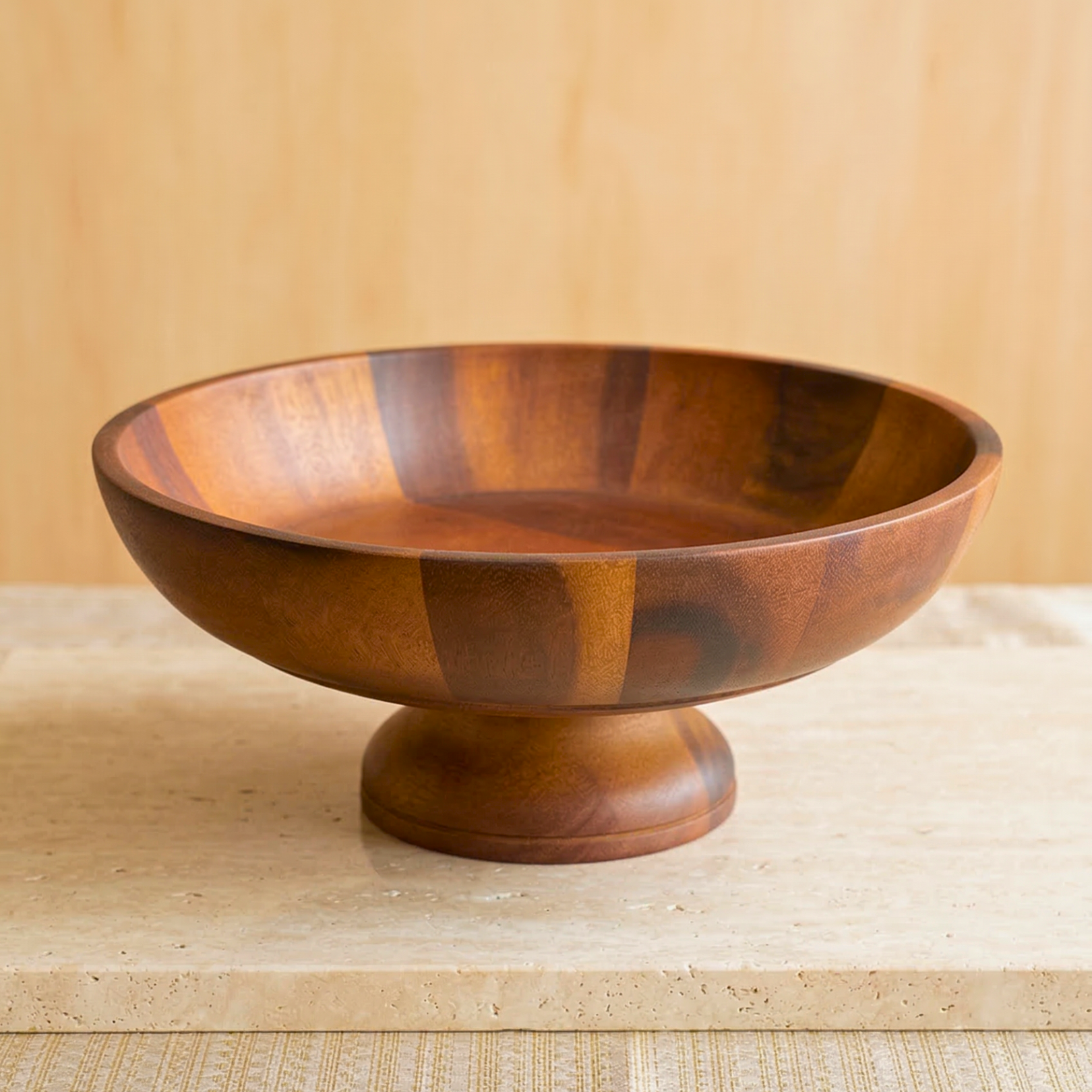 Pedestal Fruit Bowl Acacia Wood Natural 13 Inch Table Centerpiece - Siam Wood Artisans