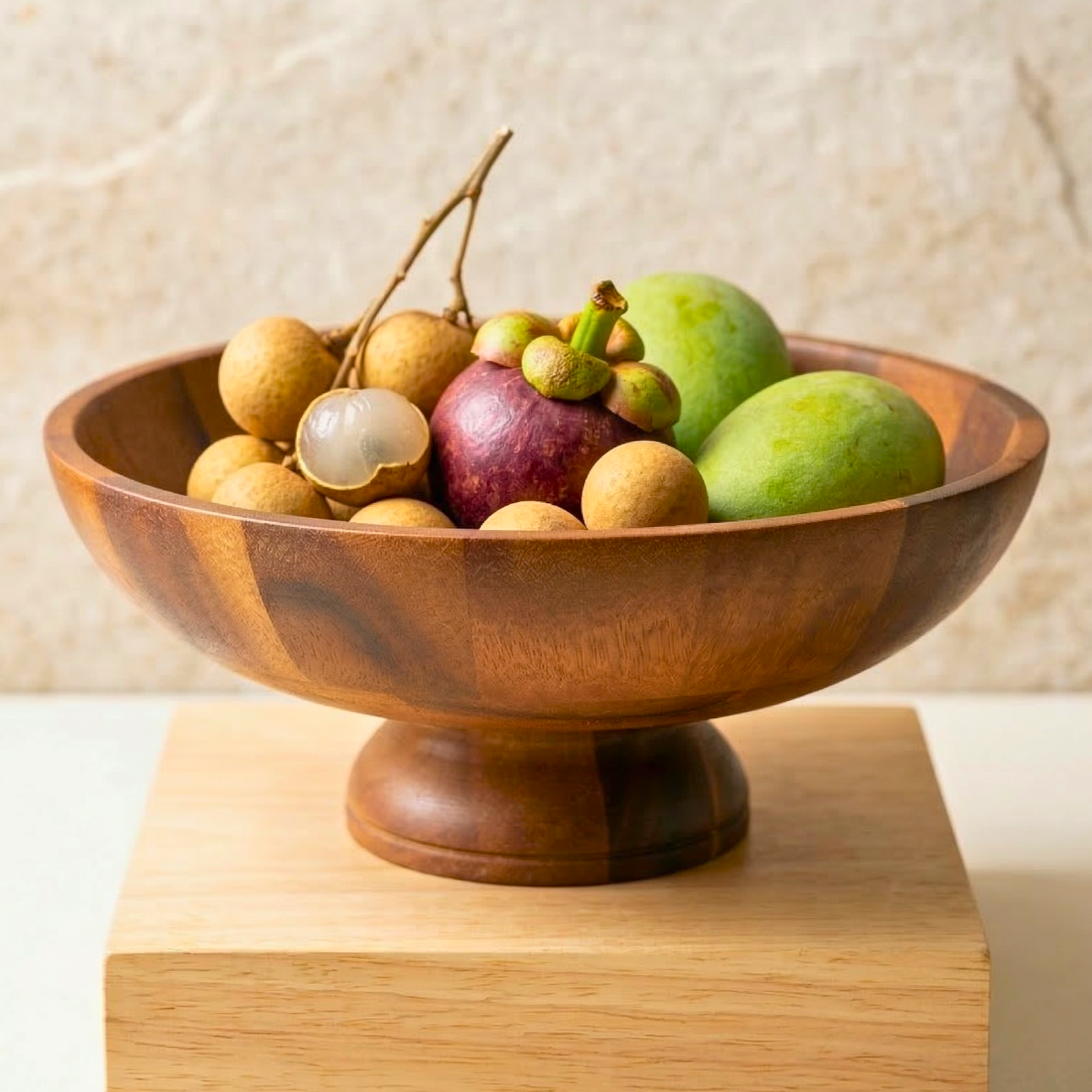 Pedestal Fruit Bowl Acacia Wood Natural 13 Inch Table Centerpiece - Siam Wood Artisans