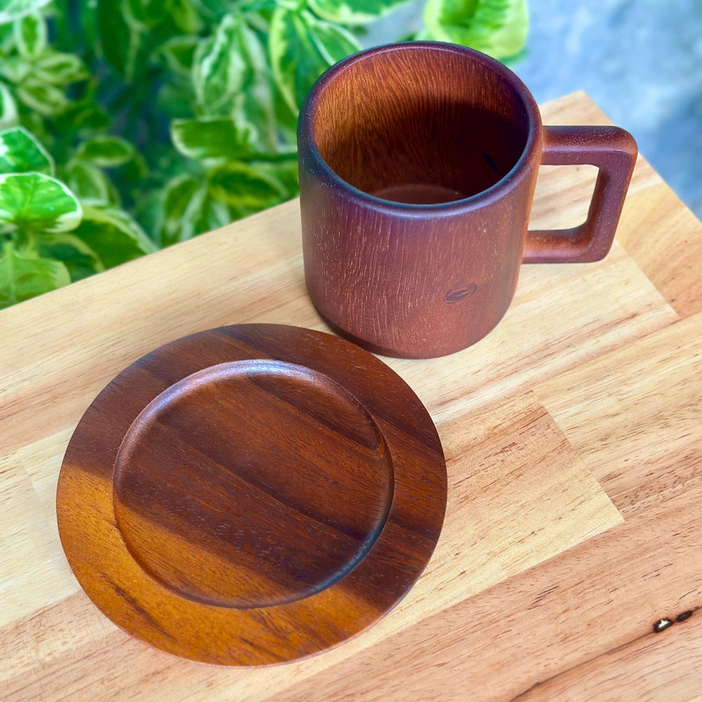 Hand Carved Wood Coffee Mug and Saucer Set: Rustic Teak Wood Teaware