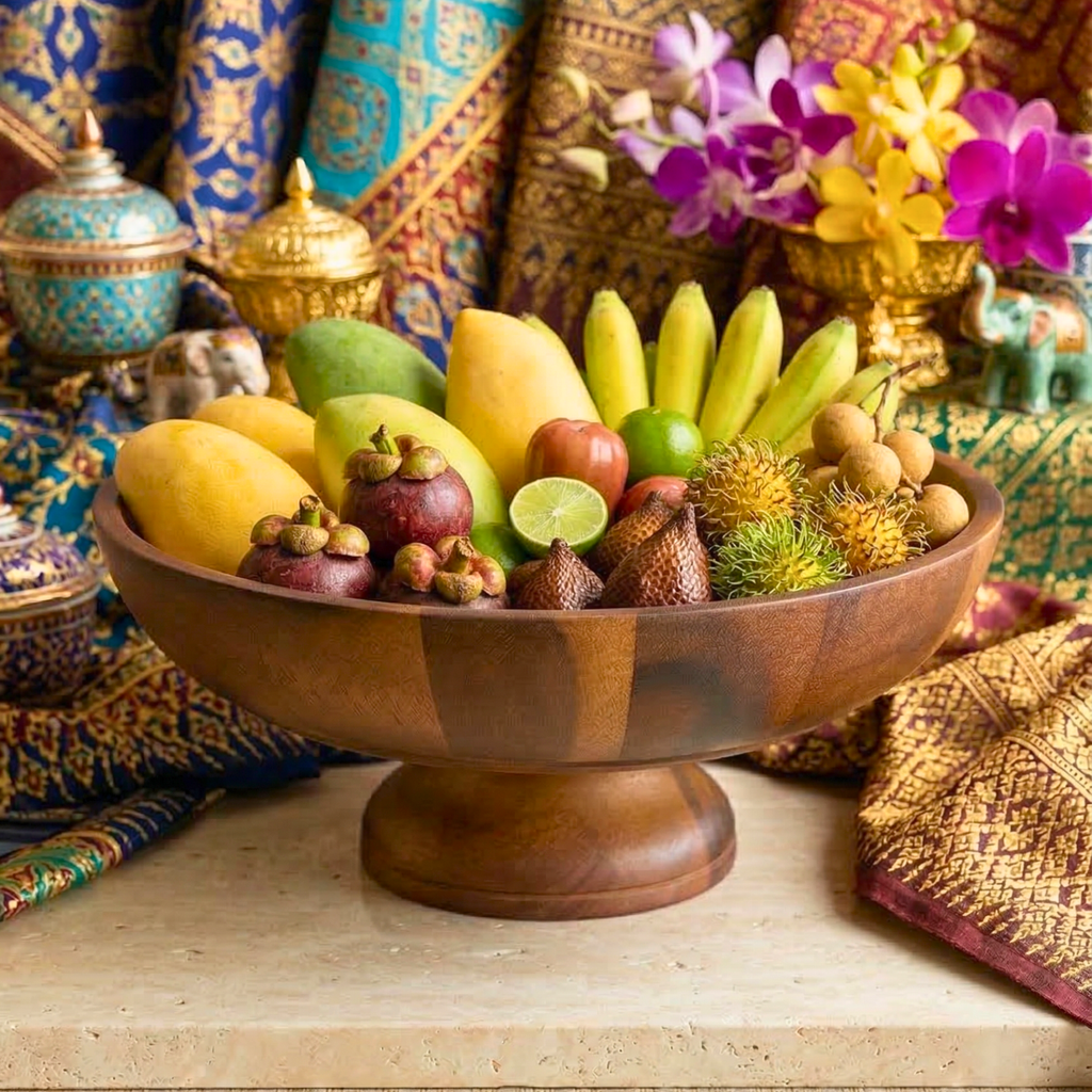 Pedestal Fruit Bowl Acacia Wood Natural 13 Inch Table Centerpiece - Siam Wood Artisans