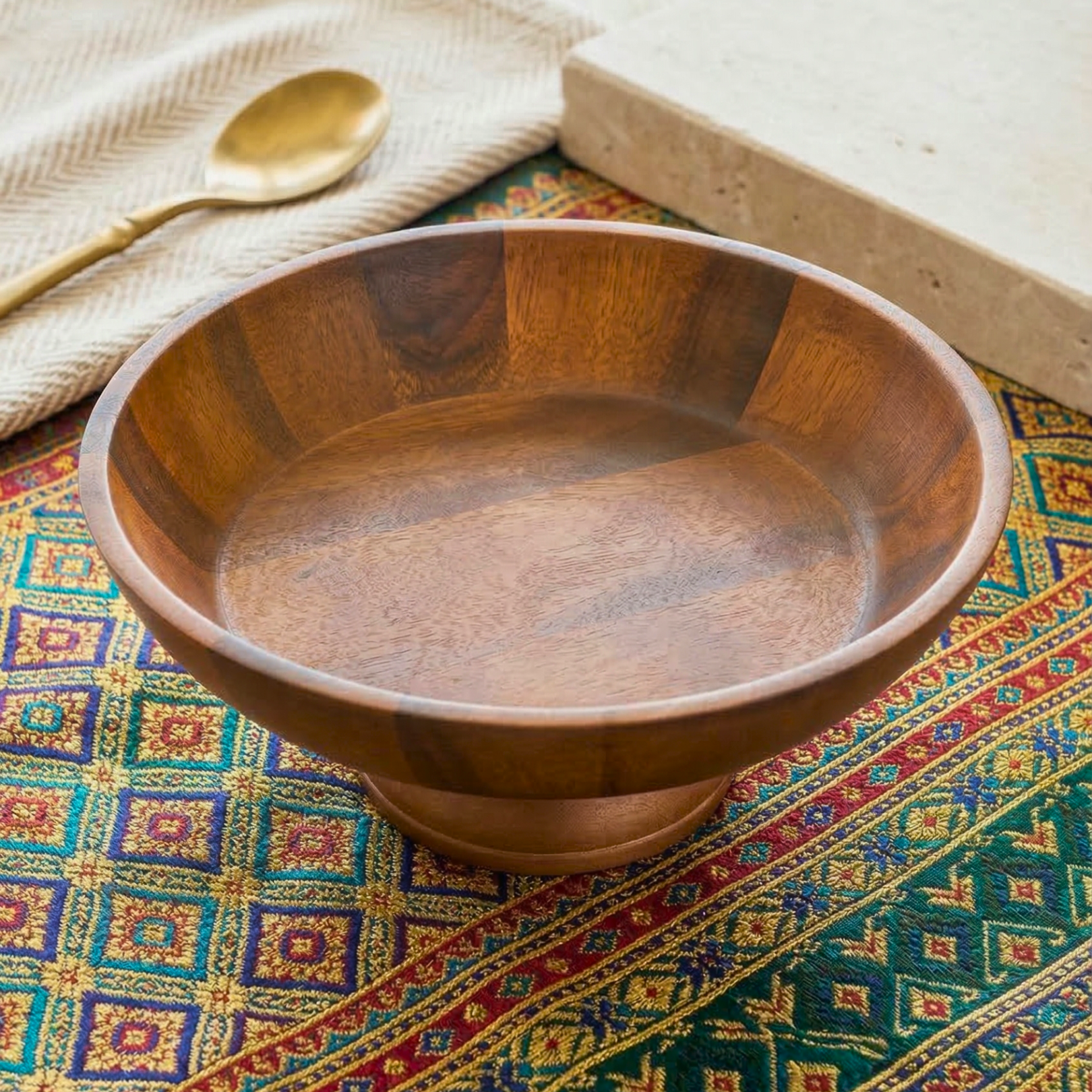 Pedestal Fruit Bowl Acacia Wood Natural 13 Inch Table Centerpiece - Siam Wood Artisans
