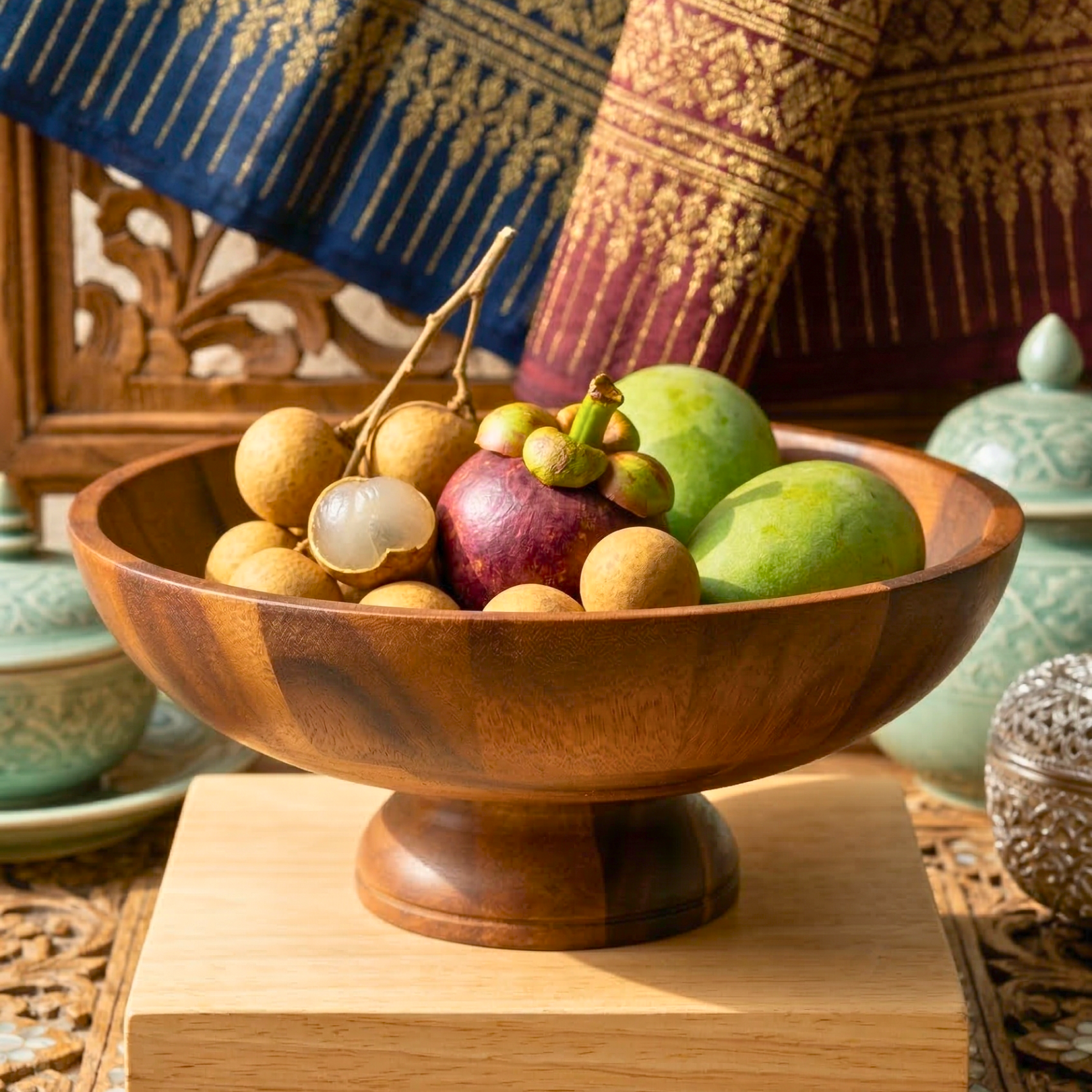 Pedestal Fruit Bowl Acacia Wood Natural 13 Inch Table Centerpiece - Siam Wood Artisans