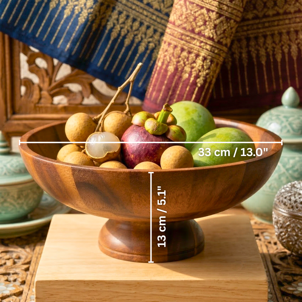 Pedestal Fruit Bowl Acacia Wood Natural 13 Inch Table Centerpiece - Siam Wood Artisans