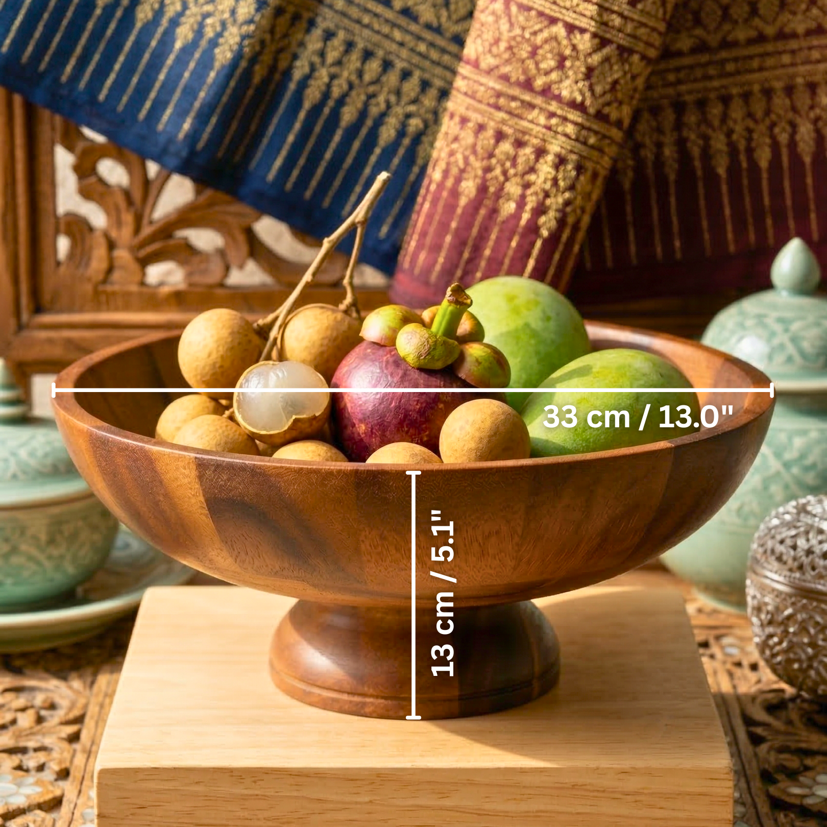 Pedestal Fruit Bowl Acacia Wood Natural 13 Inch Table Centerpiece - Siam Wood Artisans