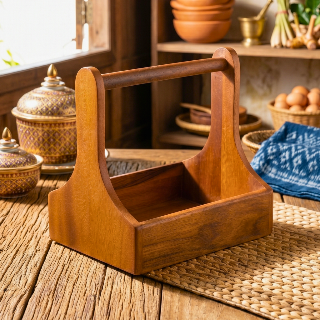 Teak Wood Condiment Holder, 9 Inch Tabletop Caddy, Anniversary Present for Home Chef