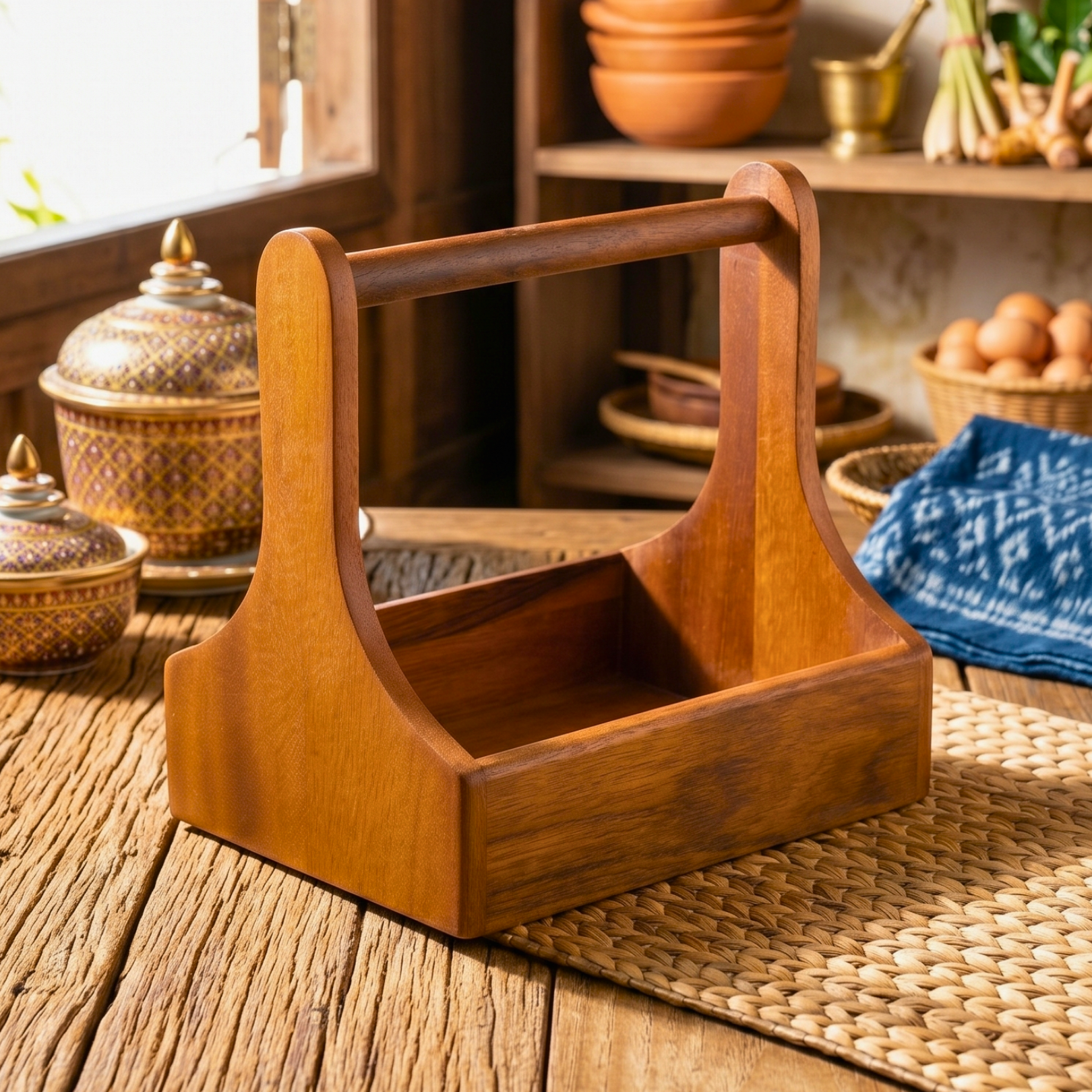 Teak Wood Condiment Holder, 9 Inch Tabletop Caddy, Anniversary Present for Home Chef