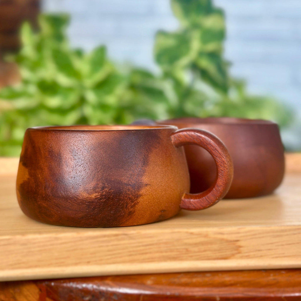 Hand Carved Wooden Coffee Mug Set: Two Teak Wood Tea Cups
