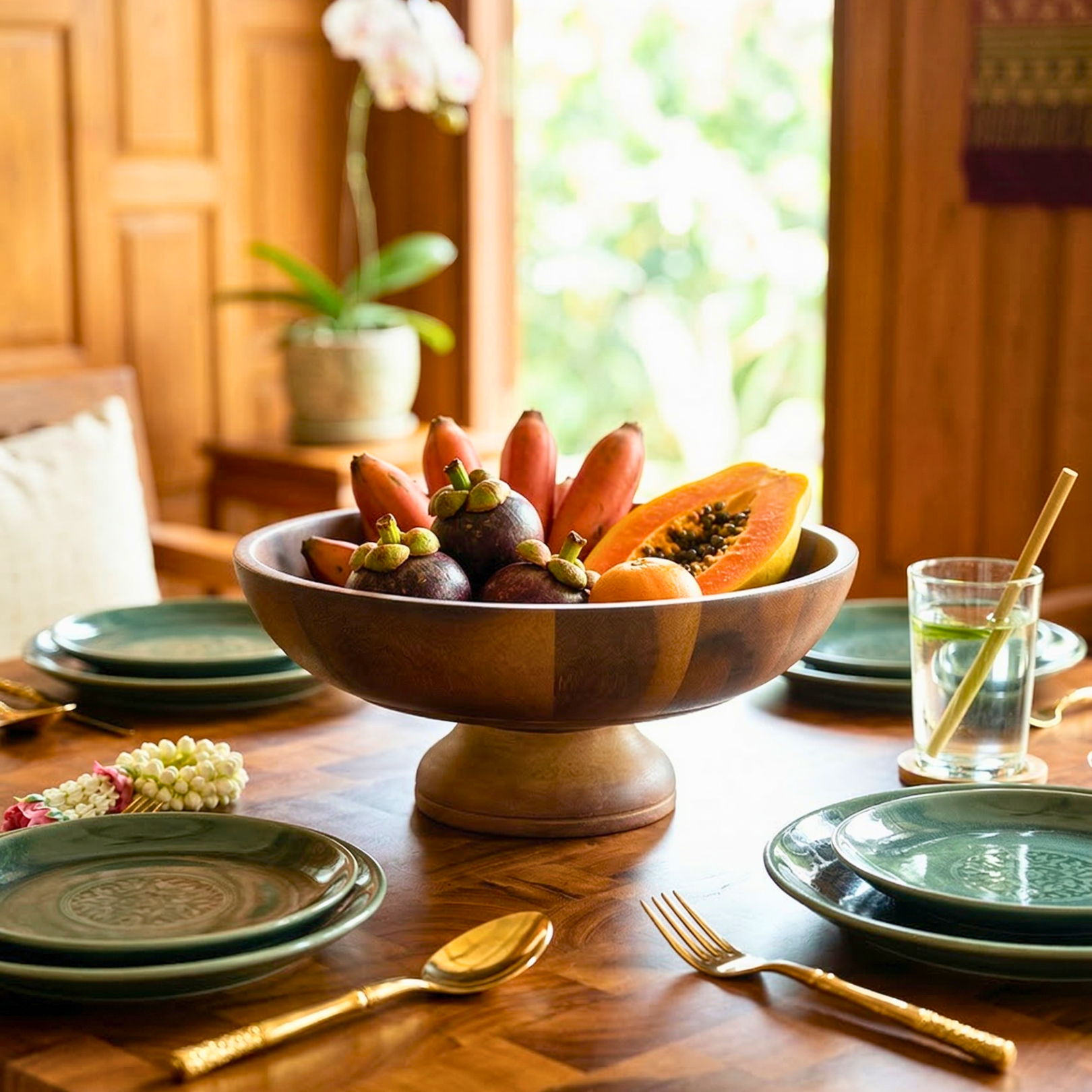 Pedestal Fruit Bowl Acacia Wood Natural 13 Inch Table Centerpiece - Siam Wood Artisans
