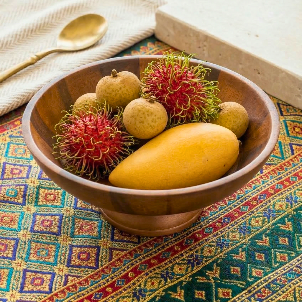 Pedestal Fruit Bowl Acacia Wood Natural 13 Inch Table Centerpiece - Siam Wood Artisans
