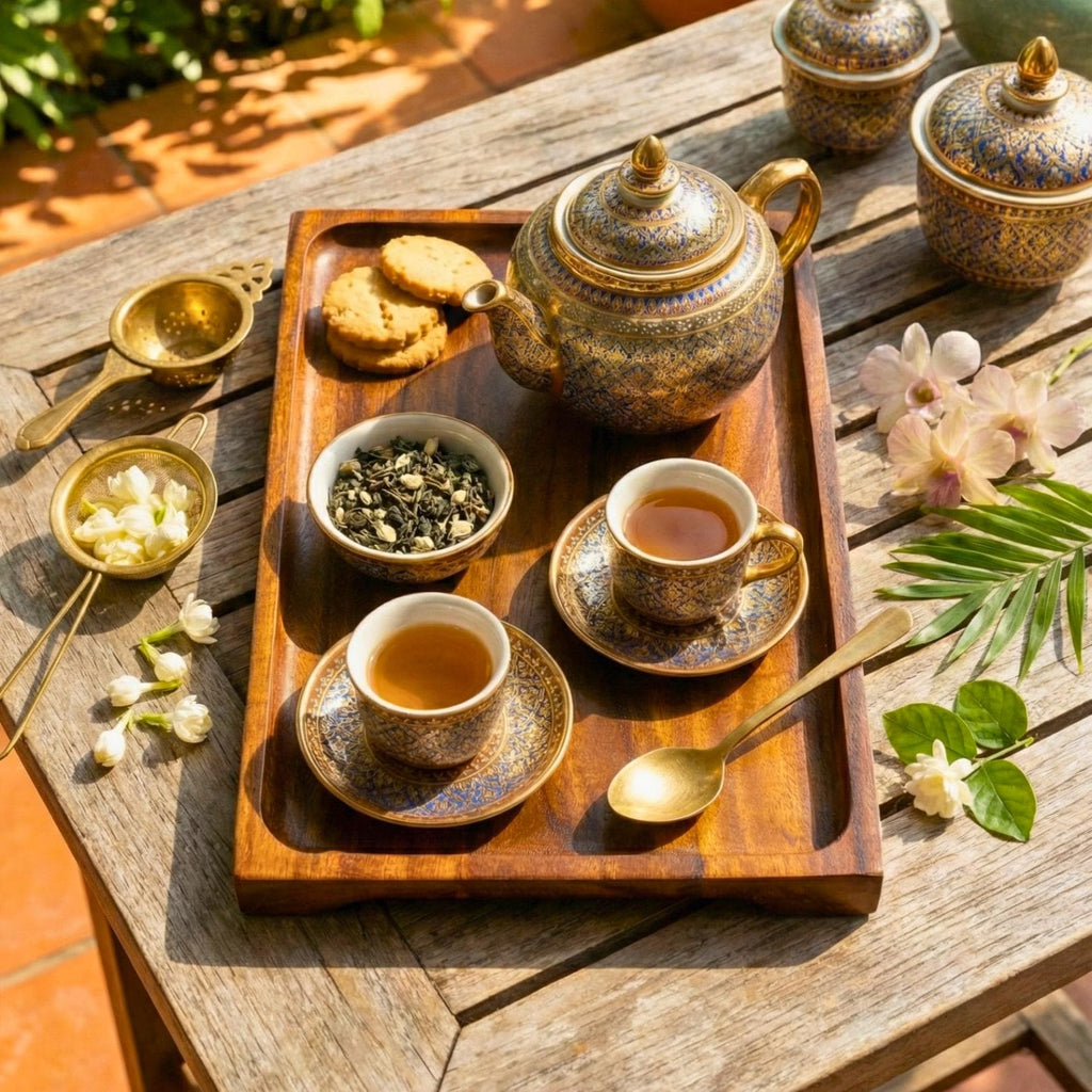 Large Hand Carved Teak Wood Serving Tray: Tea & Coffee Table Platter