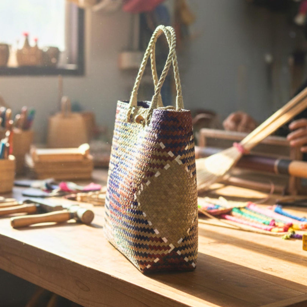 Hand Woven Rattan Market Tote: Earthy Diamond Pattern Boho Handbag