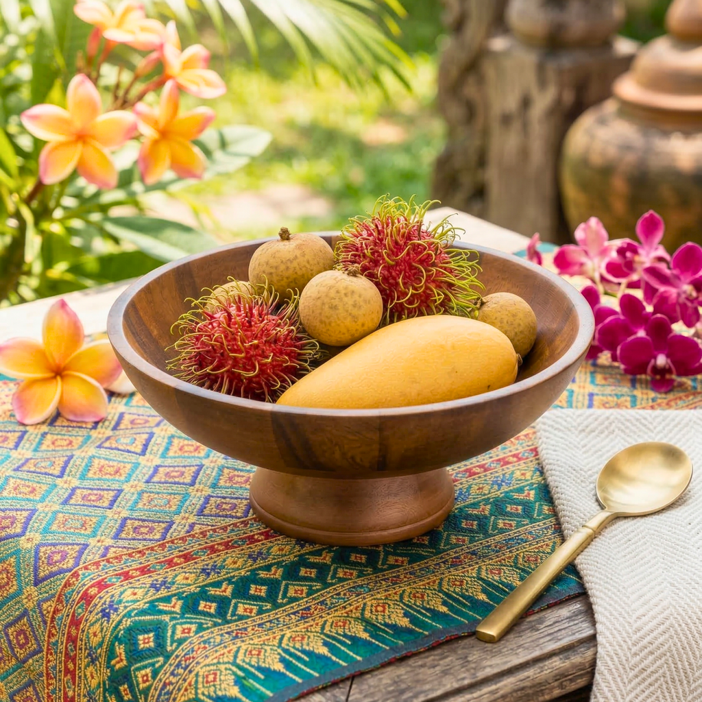 Pedestal Fruit Bowl Acacia Wood Natural 13 Inch Table Centerpiece - Siam Wood Artisans